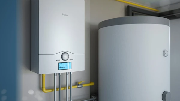 Intérieur d'une chaufferie moderne avec chaudière murale blanche à affichage digital et ballon d'eau chaude cylindrique