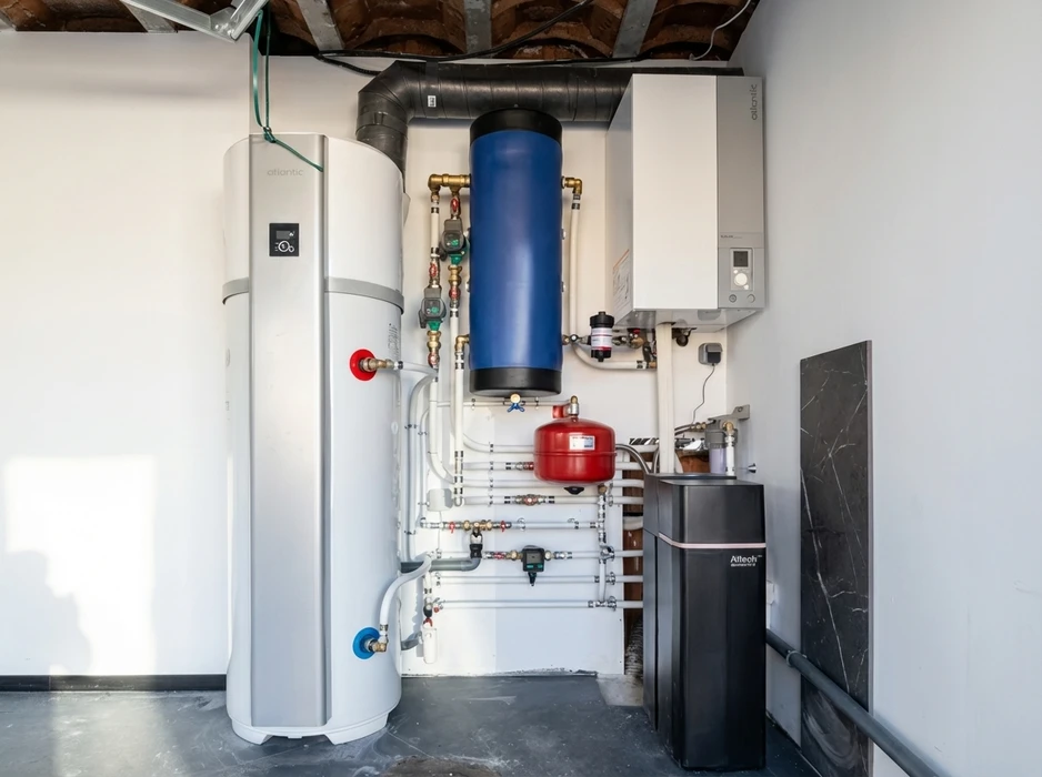 Technicien en salopette bleue installant un radiateur blanc dans une pièce lumineuse aux murs blancs, près d'une fenêtre