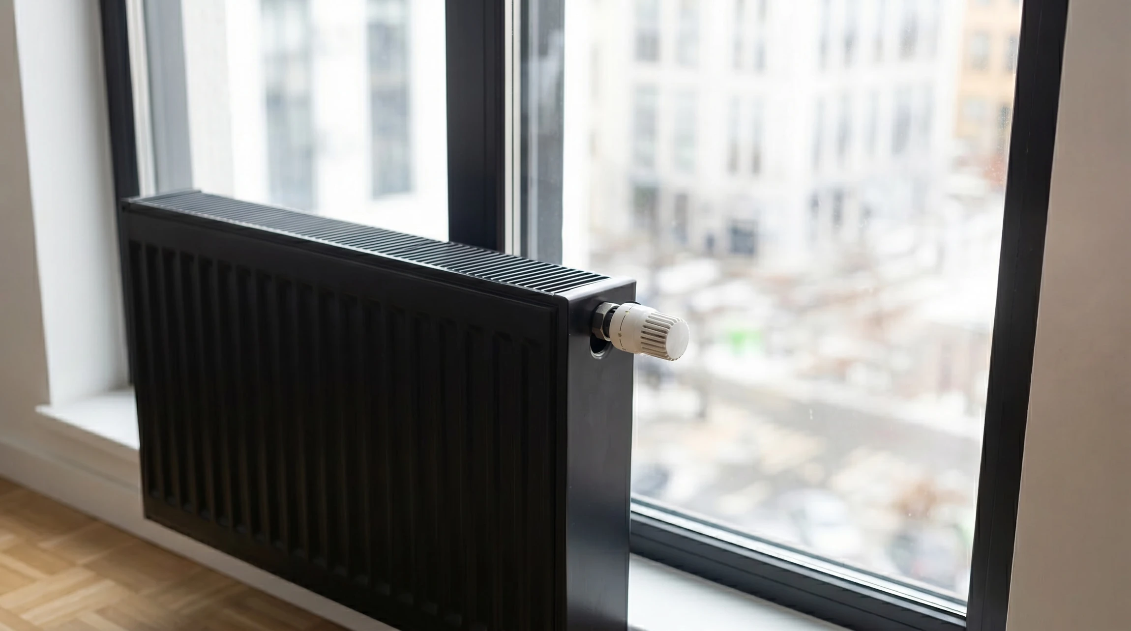 Technicien en combinaison bleue transportant un radiateur blanc à ailettes dans un environnement intérieur avec plusieurs radiateurs installés au mur